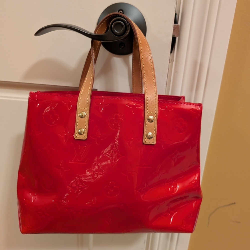 Louis Vuitton Red Vernis Monogram Bag W/Vachetta Handles In EUC